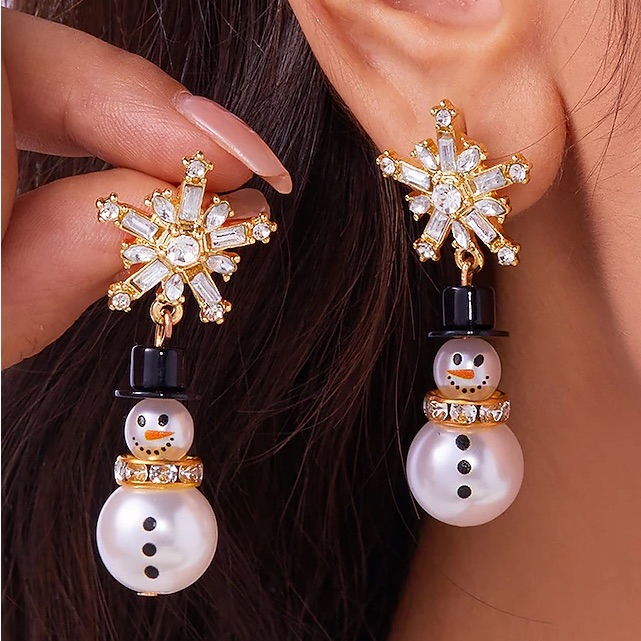 Snowman Dangle Earrings - Gold And Black